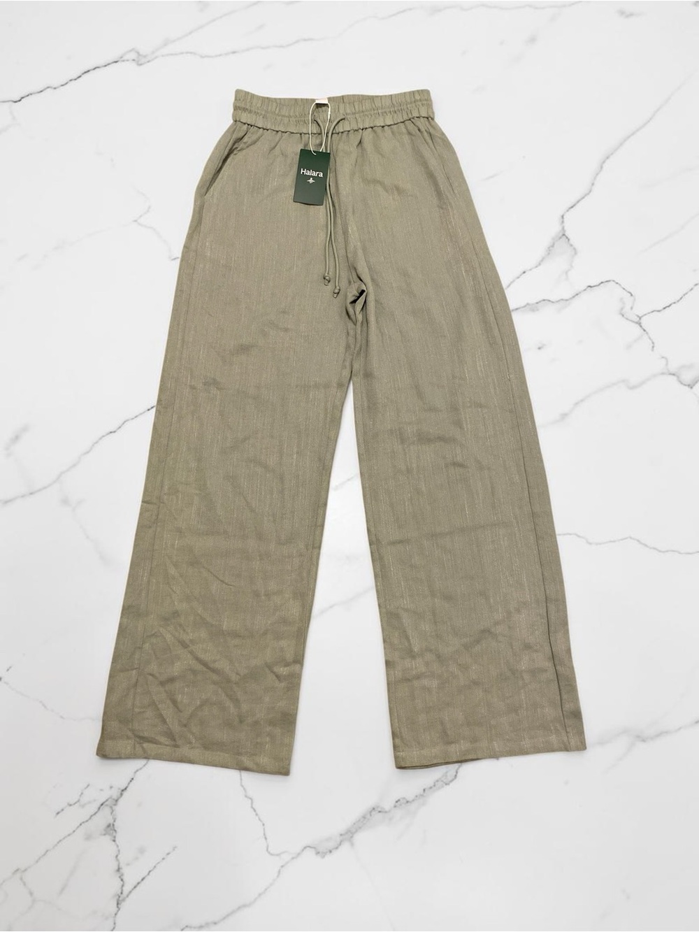 High Waisted Drawstring Pocket Wide Leg Baggy Casual Linen-Feel Pants